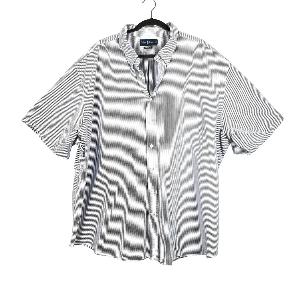 Ralph Lauren 3XB Seersucker Men Shirt Blue White Striped Short Sleeve Pink Pony